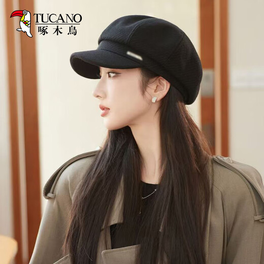 Woodpecker octagonal hat for women in autumn and winter, British versatile beret, fashionable hat, high-quality painter hat, newsboy hat for women, black, one size fits all