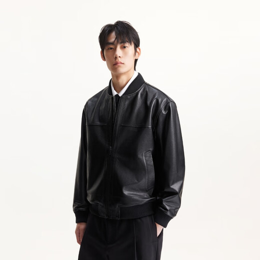 JACK&JONES Men's Autumn Jacket Ribbed Neck Slightly Loose Leather Pocket Stand Collar Solid Color Long Sleeve Jacket 225310002 E40 Black M (175)