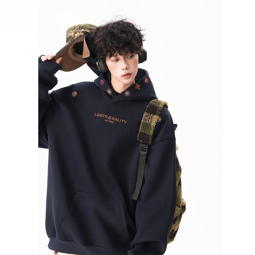 OEMG  重磅500g刺绣连帽加绒加厚卫衣男士秋冬季潮牌美式宽松保暖外套 白花灰 【高品质】 XL [建议110-130斤]