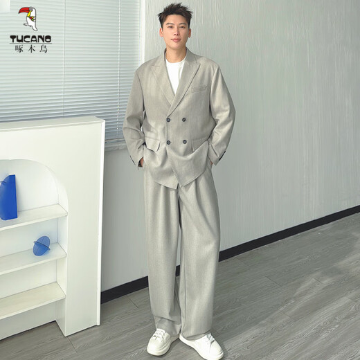 Woodpecker (TUCANO) double-breasted suit suit men's spring and autumn Korean style handsome casual suit loose jacket trend apricot gray suit L recommended 135-155 Jin Jin equals about 0.5 kg