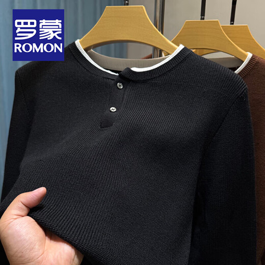 ROMON old money style Henry collar sweater men's long-sleeved bottoming shirt autumn and winter two-button inner thickened warm sweater beige XL 175