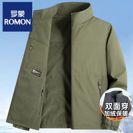 ROMON Reversible Fleece Jacket Men's Spring and Autumn New Polar Fleece Casual Stand Collar Jacket Winter Warm Top Dark Gray Reversible XL Recommended 130-145 Jin Jin equals 0.5 kg