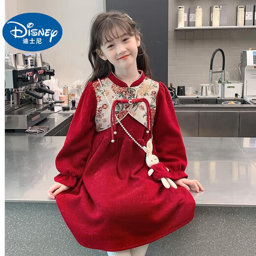 Disney Baby Girl Herbst- und Winterkleid 2025 New Children's Palace Rote Prinzessin Kleid kleines Mädchen Chinesische Stil Chinese Style Cheongam Rock Red (Winter plus Samt, Give Dolls) 130 (Upgrade -Modell)