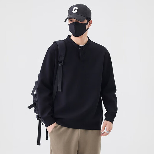 Vangeni high-end solid color sweatshirt for men spring and autumn 2025 new trendy loose Henry collar top men's casual bottoming shirt dark gray M recommended 100-120 Jin Jin equals 0.5 kg / free shipping insurance