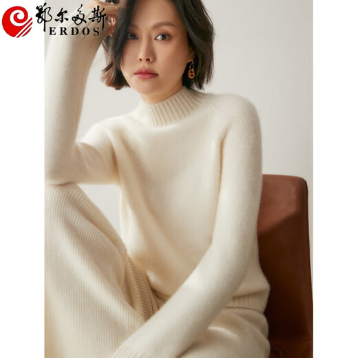 ERDOS Ordos autumn and winter three-strand thickened half turtleneck cashmere sweater women's cashmere loose knitted sweater cashmere base white frost M