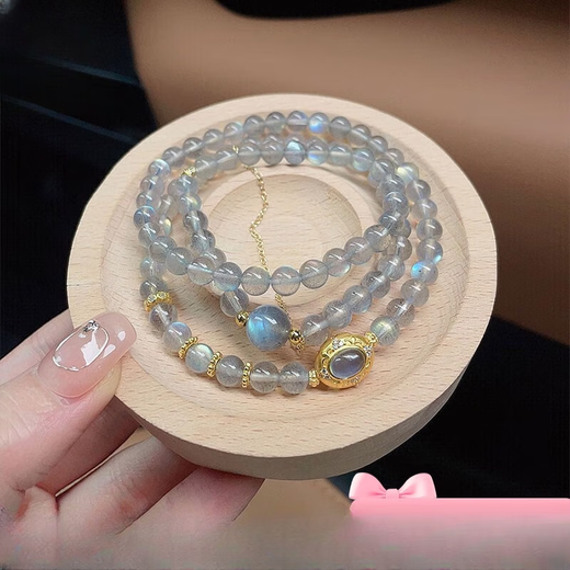 Beimeixing moonstone bracelet for women multi-circle blue light crystal three-circle bracelet for women gift beads 6mm gray moonlight and aquamarine inlaid accessories