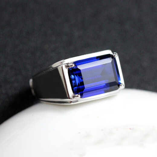 Quan Yin Men's Ring Real Silver Inlaid with Tanzanite Blue Gemstone Men's Rectangular Colored Treasure Domineering Men's Ring Opening Adjustable