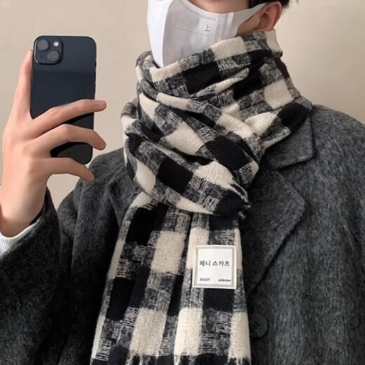 Caikaying new autumn and winter scarf men's Korean style fashion versatile tassel shawl thickened warm scarf men's windproof and cold plaid patch scarf black