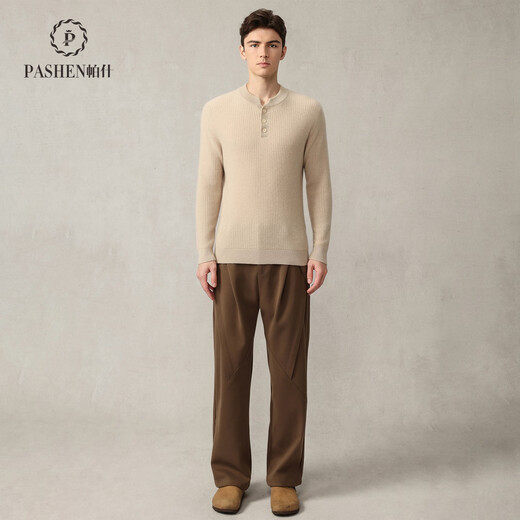 Pash 25 New Cashmere Sweater Men's Henley Collar 100 Cashmere Waffle Autumn and Winter Knitted Sweater PS-N024 Medium Gray L