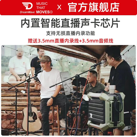 DreamWave Junwu Bluetooth Speaker Rock King + High Quality HIFI Subwoofer Stereo Outdoor Stage Roadshow Square Dance Instrument Guitar Playing and Singing Live Speaker for Parents and Elders Military Green Speaker + Single Microphone + Tray