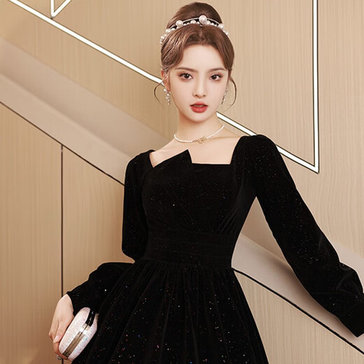 Libaixin black long-sleeved evening dress female celebrity banquet annual meeting long dress host French adult ceremony art test dress autumn and winter blue 2XL recommended 122-128Jin Jin equals 0.5 kg