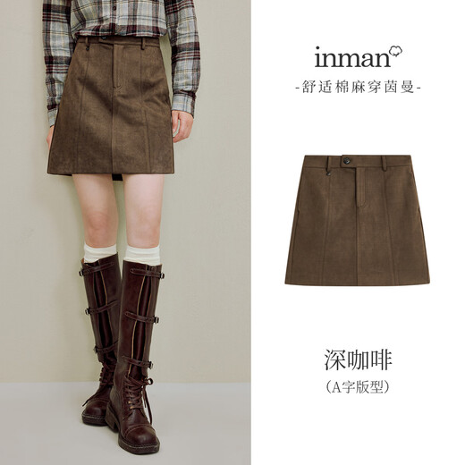 Inman Suede Retro Skirt 2025 Autumn Women's New High Waist Slim A-Line Skirt Dark Coffee M