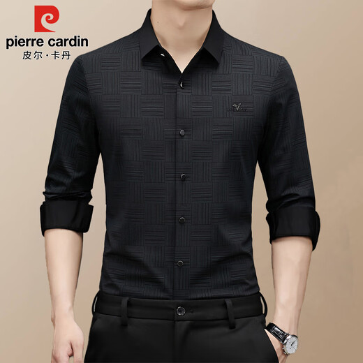 Pierre Cardin long-sleeved shirt men's spring and autumn loose trendy business casual knitted plaid shirt for young and middle-aged people, black 2XL