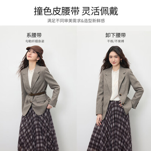 Shandubila sheep wool tailored suit for women winter flat lapel shoulder pad small suit belt slim herringbone business jacket