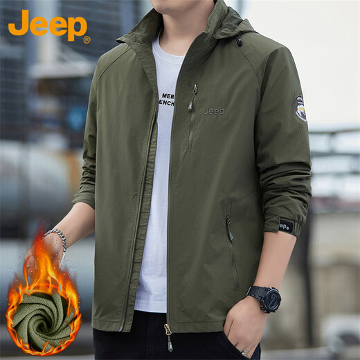Jeep (JEEP) jacket men's autumn and winter loose hooded jacket men's trendy casual clothes men's military green plus velvet XL