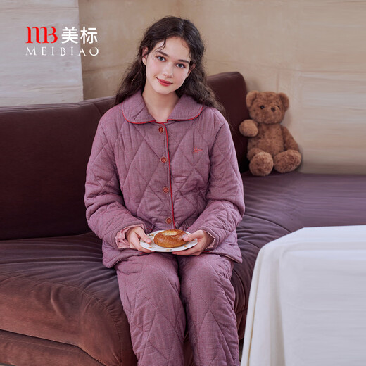 American Standard's new three-layer thickened cotton couple pajamas set men's cotton casual plaid can be worn outside home clothes, deep sea blue XL