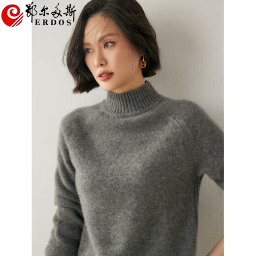 ERDOS Ordos autumn and winter three-strand thickened half turtleneck cashmere sweater women's cashmere loose knitted sweater cashmere base white frost M
