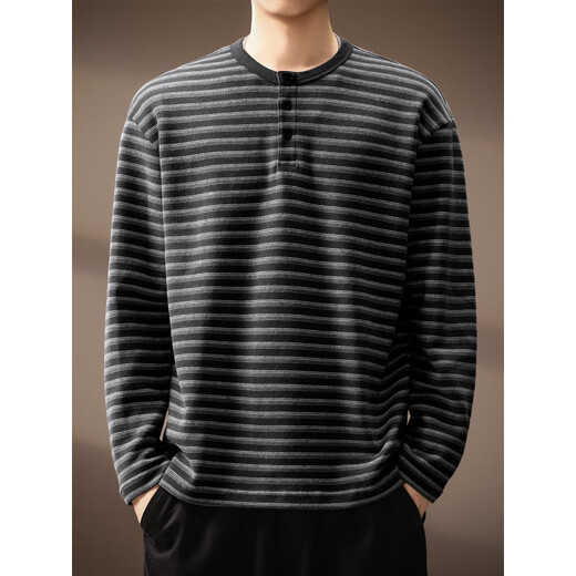 Henhut luxury high-end brand high-end striped long-sleeved T-shirt men's autumn new loose sea soul shirt Henry collar sweatshirt men black M suitable for 110-130Jin Jin equals 0.5 kg