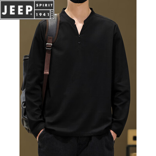 JEEP SPIRIT Henry collar long-sleeved t-shirt for men 2025 new solid color retro simple bottoming shirt autumn loose v-neck sweatshirt black 99539 long sleeve 4XL