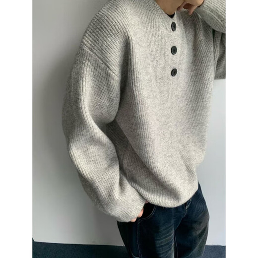 Phoenix Gray American Retro Henley Collar Sweater Men's Winter Lazy Style Knitted Sweater Cleanfit Jacket Men's Floral Gray XL