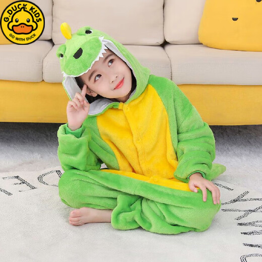 G.DUCKKIDS Cute Tyrannosaurus Pajamas Autumn and Winter Little Girls Boys Coral Velvet Cartoon Long Sleeve Girls Children One-piece Home Clothes Bean Green Dragon 165 Adult S# High 145-155 with Shoes