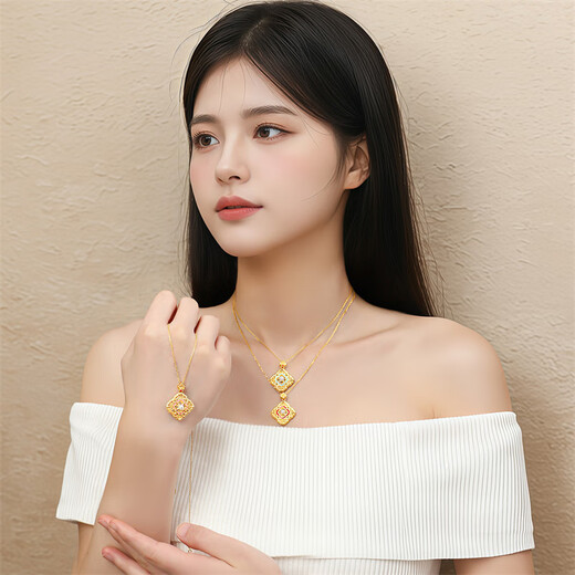 Shipulin 18K gold pendant, new Chinese style four-in-one Ruyi pendant for women, green about 0.34g+pearl+Hetian jade+silver chain