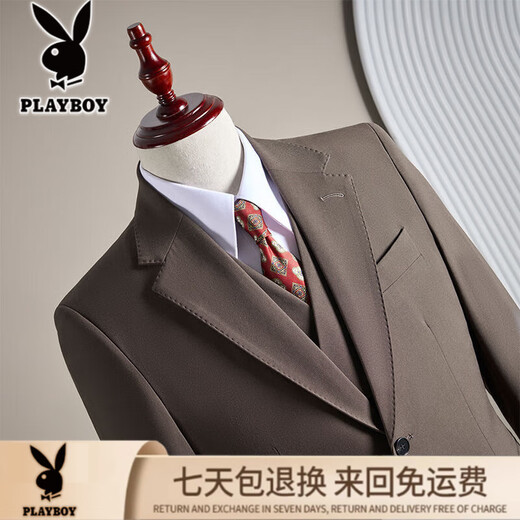 Playboy New Wool Large Size Suit Men's Business Casual Suit Three-piece Winter Wedding Dress Host Performance Suit Tan Three-piece Suit 5XL