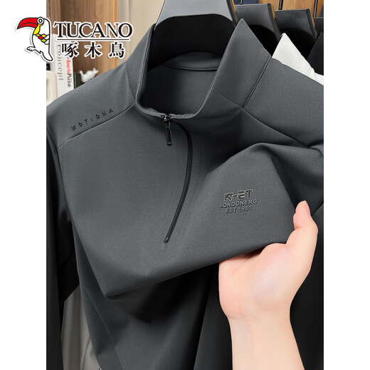 Woodpecker half-zip sweatshirt men's stand-up collar jacket solid color 2025 new spring and autumn top sports outdoor cycling clothing dark gray XL