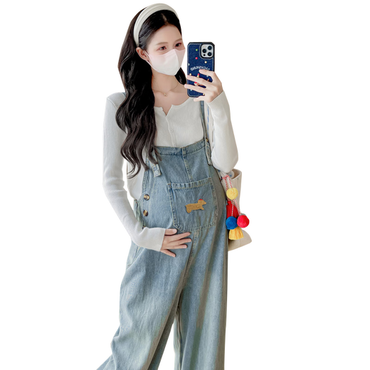 Mommy Ranqi's maternity autumn clothing 2025 new suit fashionable and age-reducing long-sleeved top denim overalls two-piece suit cow overalls + white top (suit) L