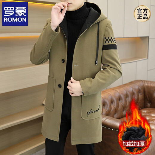 ROMON autumn and winter velvet thickened windbreaker men's mid-length hooded trendy casual high-end woolen coat black 4XL 170-190Jin Jin equals 0.5 kg