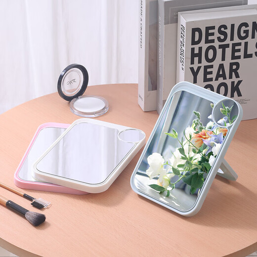 网红ins超高清化妆镜方形台式单面带放大小圆镜美发工具放大两用单面镜LED随身补光镜子 蓝色