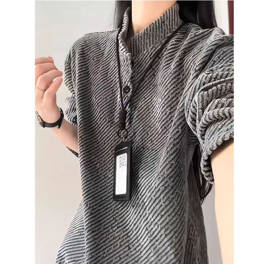 Gray Diagonal Striped Henley Collar Sweatshirt Men's Autumn Heavyweight Small Fragrance Style Polo Shirt T-shirt American Style Bottoming Shirt Gray L 100-120Jin Jin is equal to 0.5 kg