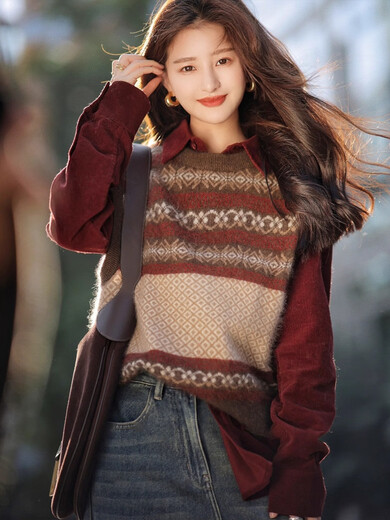 Xiaohongshu's popular Maillard fashion suit women's autumn and winter 2024 new vintage knitted vest vest matching shirt S autumn outfit with a complete set b one size