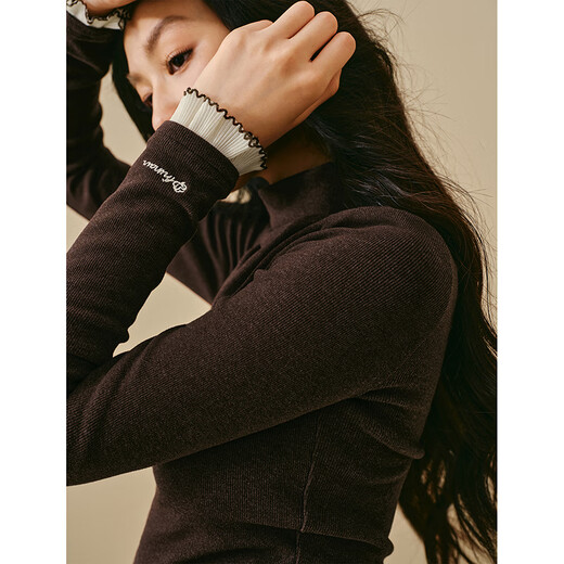 Inman 2025 autumn and winter women's new style simple half-high collar lace brushed pit strip T-shirt long-sleeved bottoming shirt top dark coffee M