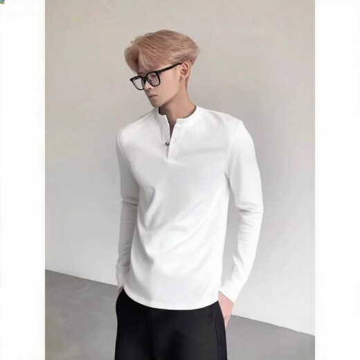Xinghelai White Henley Collar Right Shoulder Heavy Long Sleeve T-Shirt Men's Handsome Bottoming Shirt Yuppi American Style White L 110-130Jin Jin is equal to 0.5 kg