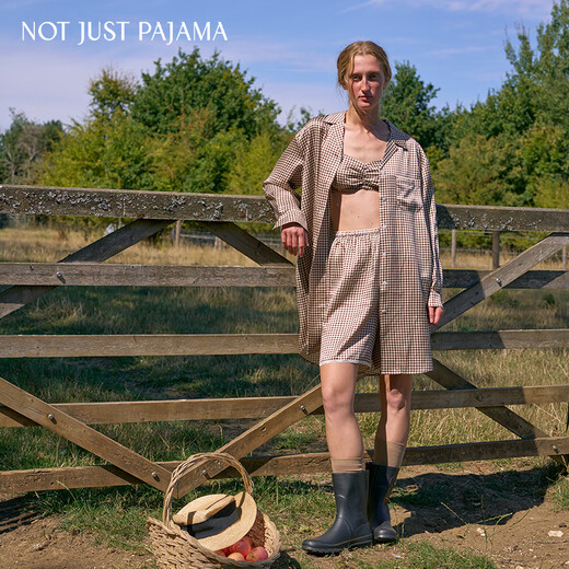 Not Just Pajama British ranch series silk brown plaid printed tube top shorts boyfriend shirt plaid tube top S