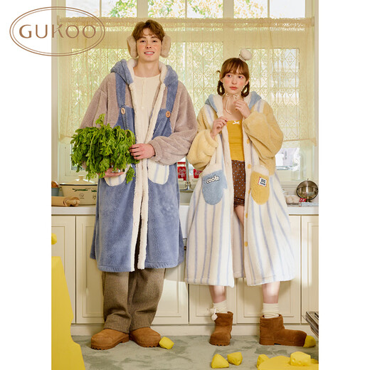 Gukoo Couple Nightgown Winter Coral Velvet Warm New Ratatouille Joint Women's Homewear Nightgown Men's Nightgown D Quiet Blue Women's Nightgown L
