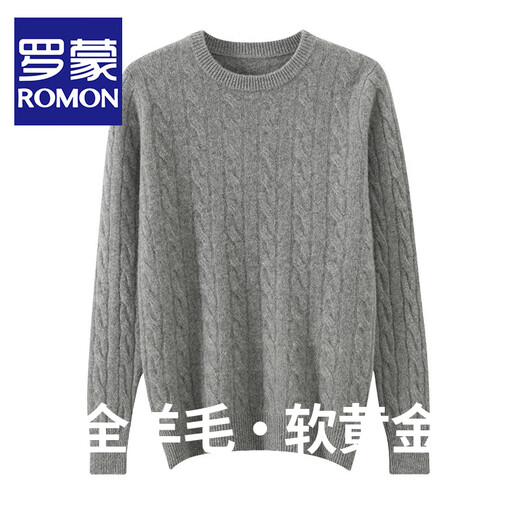 ROMON double-strand seven-needle thickened 100% pure wool sweater men's jacquard round neck autumn and winter loose bottoming sweater sweater floral blue L