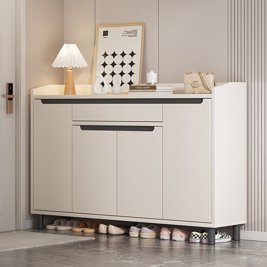 Entry solid wood core shoe cabinet home entrance indoor wall entrance cabinet integrated large capacity storage cabinet shoe rack three doors and one drawer Yunxi white + black rails 90cm