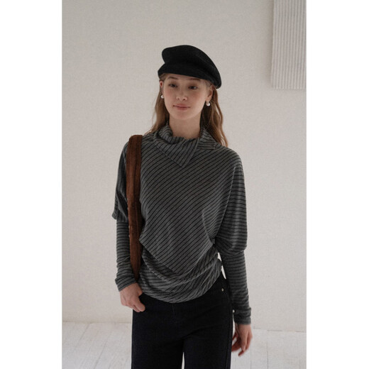 EGGKA French irregular lapel bat sleeve waist T-shirt autumn and winter temperament long-sleeved top E25A30175AF dark gray one size