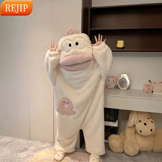 REJIP Pajamas for Women in Autumn and Winter Cute Cartoon Coral Velvet New Thickened Plush Nightgown Dress One-piece Home Clothes Outerwear Men's Clown Fish White One-piece Suit S (Recommended weight 80-100 Jin Jin equals 0.5 kg)