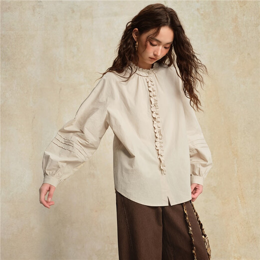 Giordano designer women's new pure cotton loose stand-up collar French lace shirt women's long sleeves 18345915