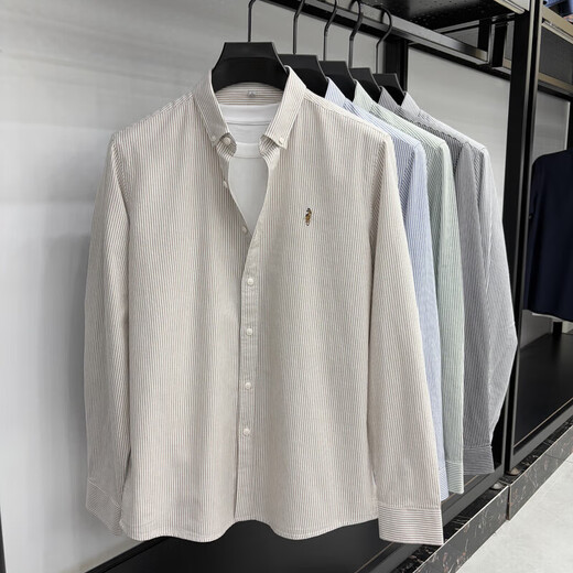 LAORENTOU Paul embroidered cotton long-sleeved shirt men's lapel business casual top high IF-25120 dark gray M recommended 90-125Jin Jin equals 0.5 kg