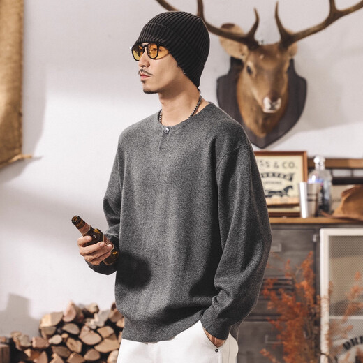 Jay Leno American style 520g heavy retro sweater for men winter thickened 2025 new lazy style casual henley collar sweater floral gray heavy 520g M suitable for 115-130Jin Jin equals 0.5 kg