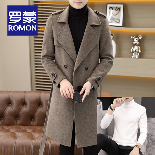 ROMON high-end over-the-knee double-sided woolen coat for men, long autumn and winter new style, thickened and handsome woolen windbreaker for men, brown XL size