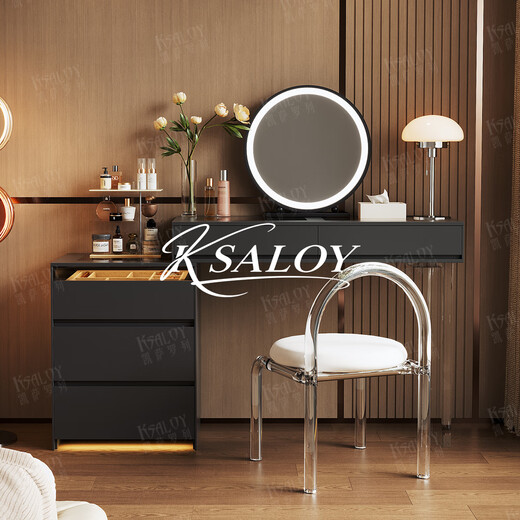 KSALOY Italian dressing table and drawer integrated bedroom small apartment storage cabinet light luxury high-end dressing table jewelry display cabinet warm white dressing table + 0.5 meter three drawer cabinet + LED round mirror + acrylic chair 100cm dressing table overall solid wood multi-layer