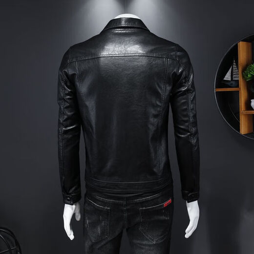 欧洲站2025轻奢纯色休闲机车皮衣春秋季韩版潮流翻领男装青年外套 黑色不加绒 3XL 体重建议145--160斤