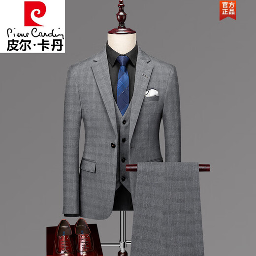 Pierre Cardin spring and autumn suit men's British style business gentleman slim black houndstooth interview work formal small suit brown two-piece suit (top + trousers) XL