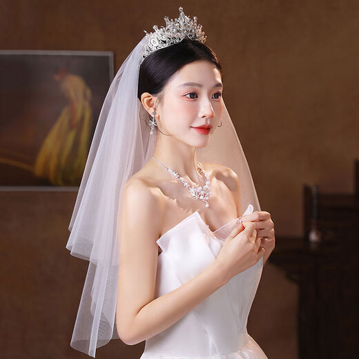 Bridal Crown Tiara, Veil, Proposal, Certificate, Marriage, Korean Forest Crystal Crown Wedding Dress, Hair Accessories for Adults, Crown + Veil + Necklace, Ear Clip Set, Four-piece Set