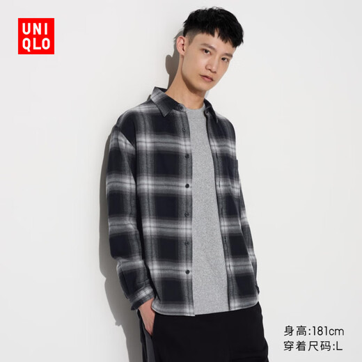 Uniqlo Men's and Women's Flannel Plaid Shirt/Long Sleeve Shirt Casual and Versatile 470188 09 Black XL